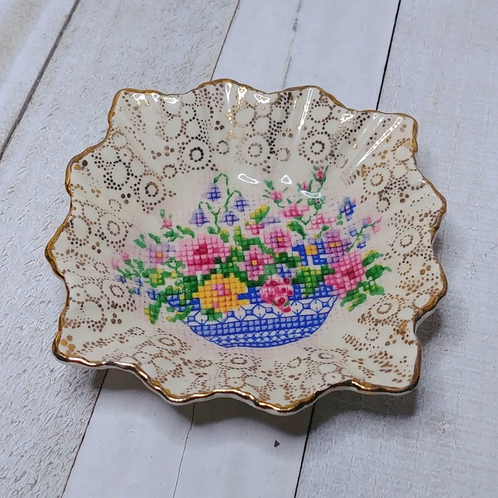 Vintage P & K Bone China Floral Trinket Dish Needle Point Pattern Gold Accent